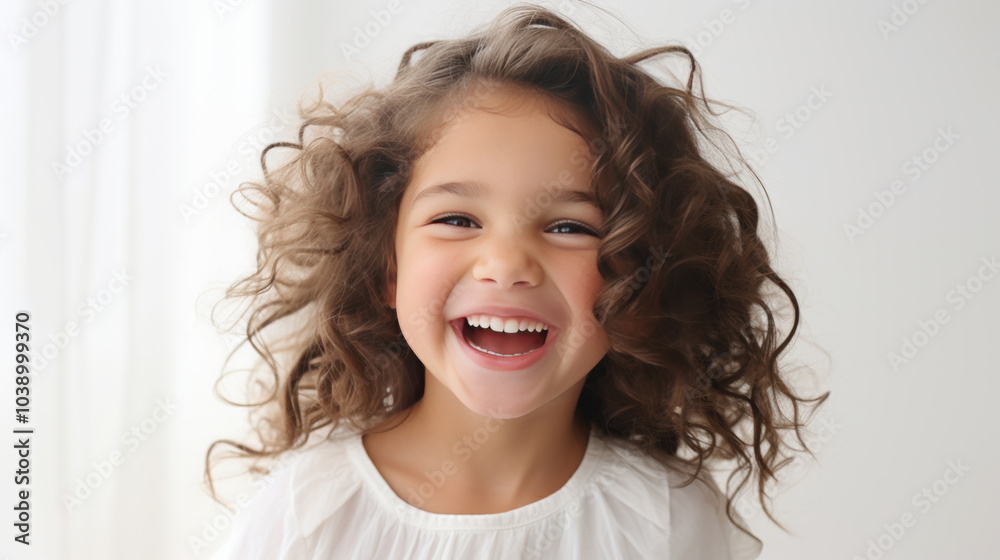 Happy Curly Haired Child Laughing Joyfully on White Background Happy Curly Haired Child Laughing Joyfully on White Background