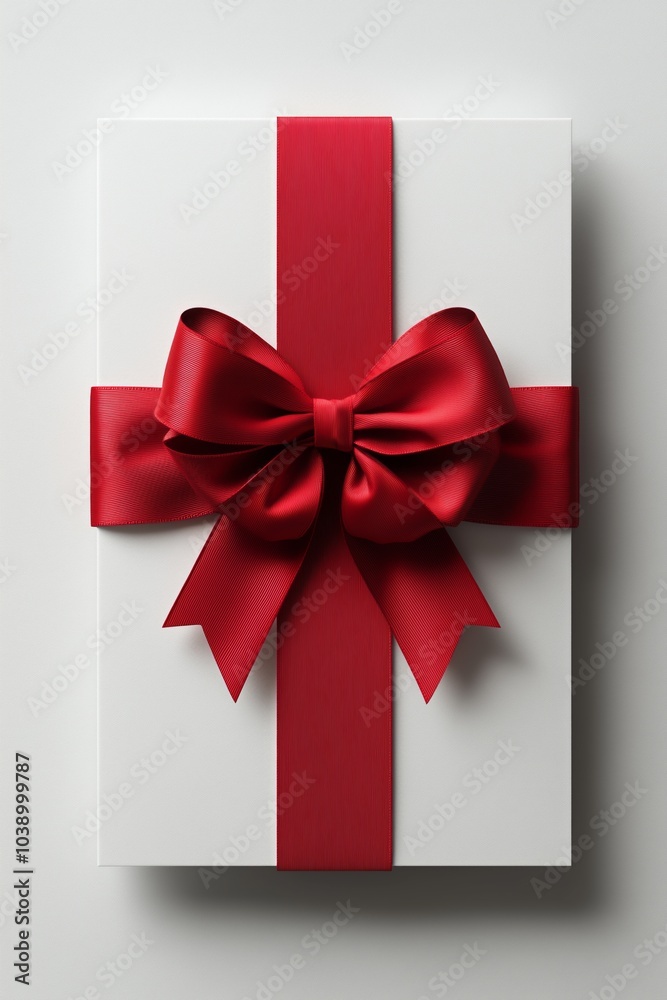 White gift box with red ribbon and bow on white background White gift box with red ribbon and bow on white background