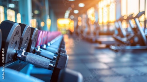 Wallpaper Mural Close-up of Blue Dumbbells on Gym Floor Torontodigital.ca