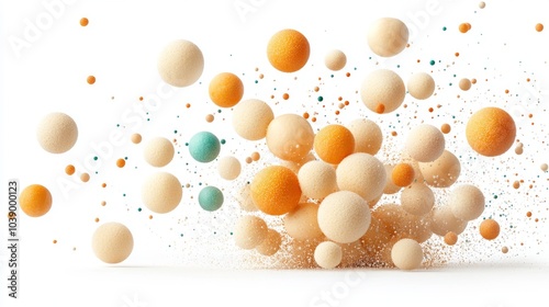 Varias esferas flotantes en tonos anaranjados y beige, dispersas en un fondo blanco. La imagen es minimalista y dinámica.


