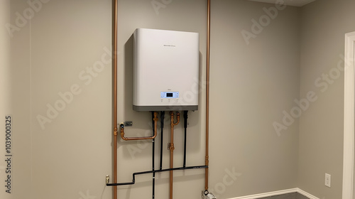 Modern Tankless Water Heater Installed in a Basement: Energy-Efficient Home Heating Solution for Instant Hot Water. photo