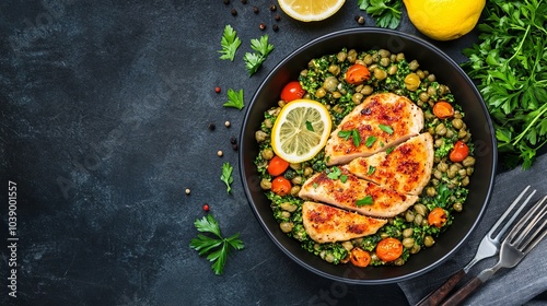 Plato de pechuga de pollo dorada acompañada de guisantes, zanahorias pequeñas y rodajas de limón. El plato está decorado con perejil fresco, y las texturas y colores resaltan sobre un fondo oscuro.

 photo