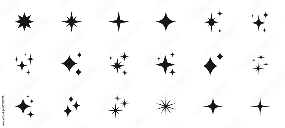 Shining stars icon set. Sparkle stars icons. Twinkle stars collection. Different star shapes. Effect shine, glitter, twinkling and clean. Vector illustration. Shining stars icon set. Sparkle stars icons. Twinkle stars collection. Different star shapes. Effect shine, glitter, twinkling and clean. Vector illustration.