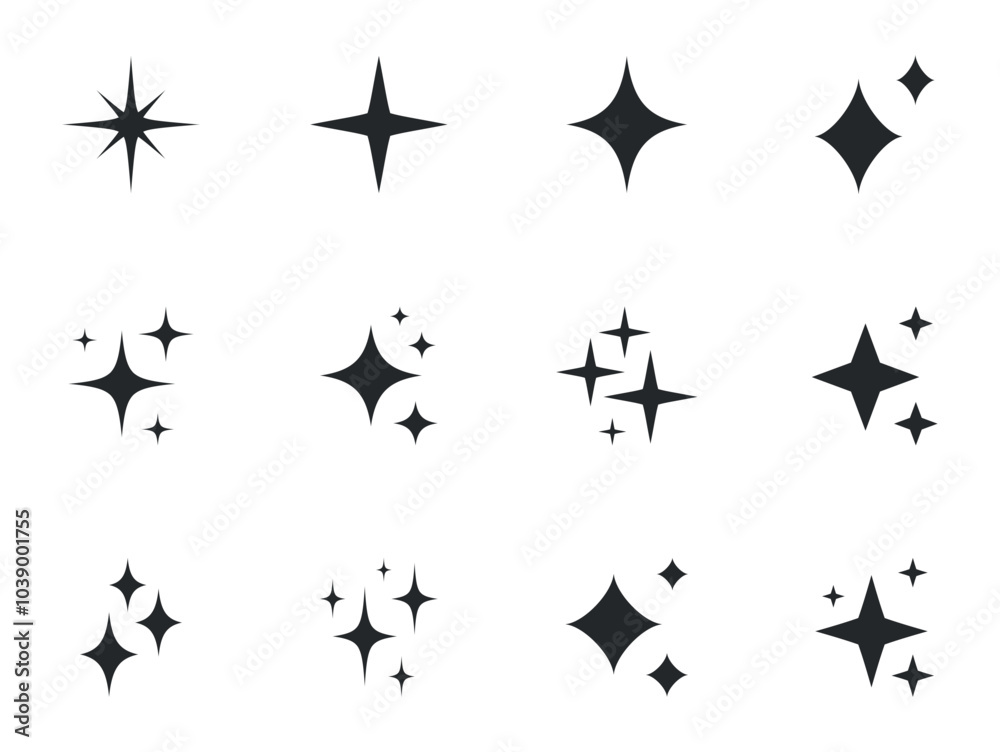 Shining stars icon set. Sparkle stars icons. Twinkle stars collection. Different star shapes. Effect shine, glitter, twinkling and clean. Vector illustration. Shining stars icon set. Sparkle stars icons. Twinkle stars collection. Different star shapes. Effect shine, glitter, twinkling and clean. Vector illustration.