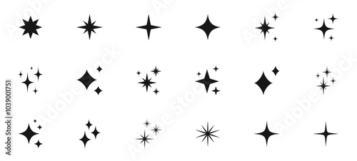 Shining stars icon set. Sparkle stars icons. Twinkle stars collection. Different star shapes. Effect shine, glitter, twinkling and clean. Vector illustration.