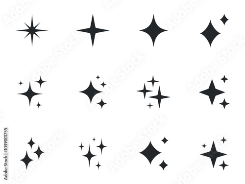 Shining stars icon set. Sparkle stars icons. Twinkle stars collection. Different star shapes. Effect shine, glitter, twinkling and clean. Vector illustration.