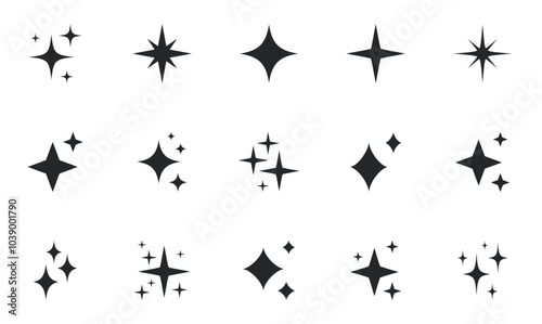 Shining stars icon set. Sparkle stars icons. Twinkle stars collection. Different star shapes. Effect shine, glitter, twinkling and clean. Vector illustration.