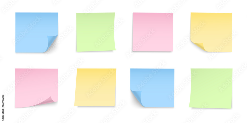 Paper notes with pin and tape. Colored stickers, torn sheets and notebook pages. Note sticky papers with curled corner. Realistic templates for a note message. Vector illustration. Paper notes with pin and tape. Colored stickers, torn sheets and notebook pages. Note sticky papers with curled corner. Realistic templates for a note message. Vector illustration.