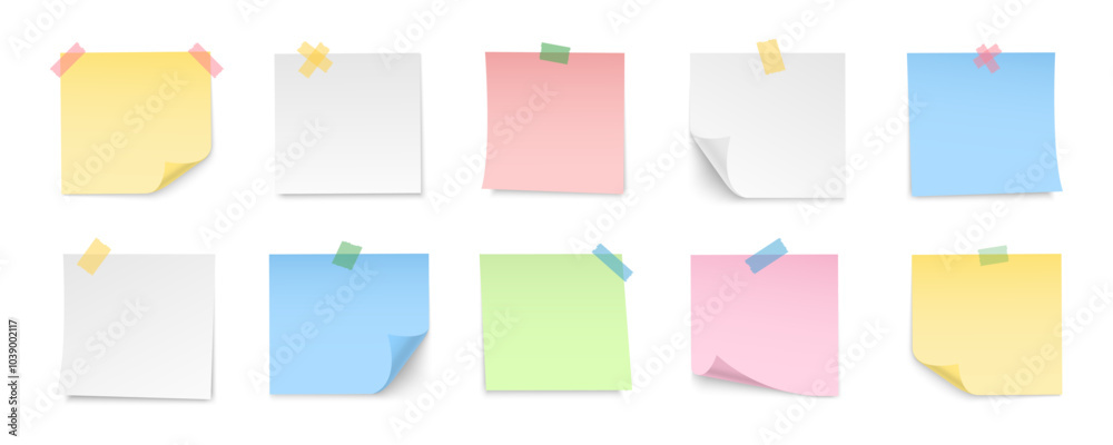 Paper notes with pin and tape. Colored stickers, torn sheets and notebook pages. Note sticky papers with curled corner. Realistic templates for a note message. Vector illustration. Paper notes with pin and tape. Colored stickers, torn sheets and notebook pages. Note sticky papers with curled corner. Realistic templates for a note message. Vector illustration.