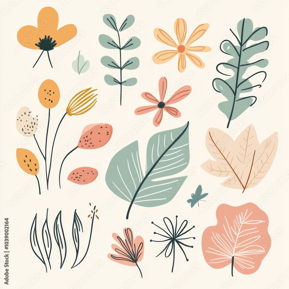 A collection of minimalist doodles featuring diverse flowers, leaves, and nature-inspired elements arranged playfully in soft colors. Generative AI A collection of minimalist doodles featuring diverse flowers, leaves, and nature-inspired elements arranged playfully in soft colors. Generative AI