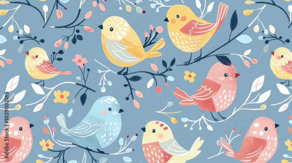 Charming Bird Illustration with Leaves and Berries Pattern Charming Bird Illustration with Leaves and Berries Pattern