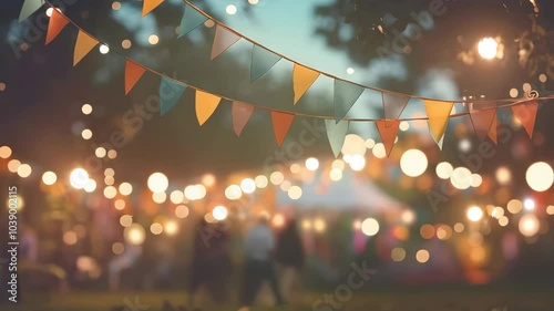 Colorful bunting flags hanging on blurred evening background. Summer or autumn festival or birthday celebration concept. Party, event, picnic in park