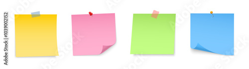 Paper notes with pin and tape. Colored stickers, torn sheets and notebook pages. Note sticky papers with curled corner. Realistic templates for a note message. Vector illustration.