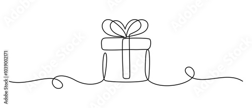 One Continuous line drawing of Birthday Gift box with ribbon and bow. Festive present and wrapped surprise package in simple linear style. Editable stroke. Doodle oneline vector illustration