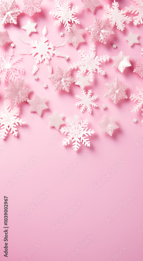 Fototapeta premium Pink background with snowflakes.