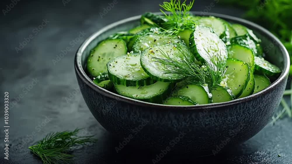 Cucumber salad with fresh dill and seasoning in a dark bowl. Cucumber salad with fresh dill and seasoning in a dark bowl.