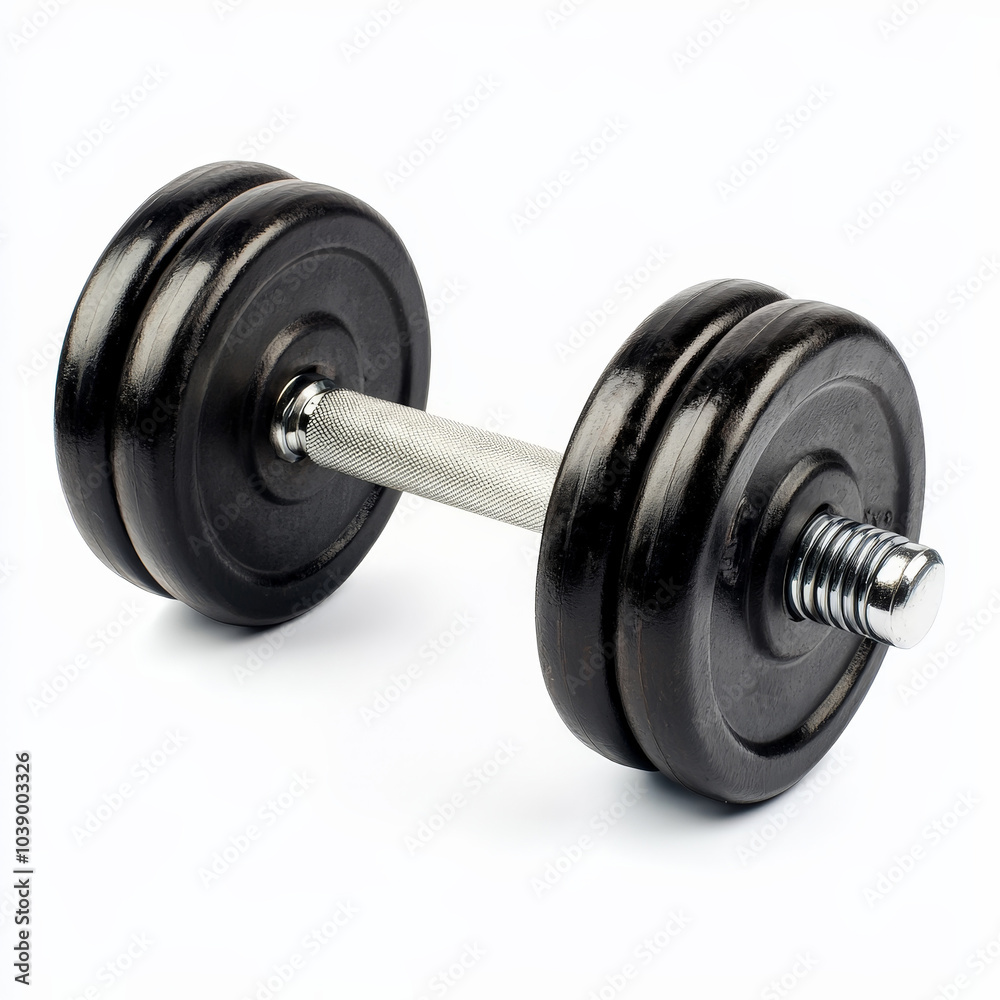 Fototapeta premium black dumbbell with a metallic handle isolated on a white background. The design is sleek and polished, emphasizing fitness equipment for strength training and weightlifting