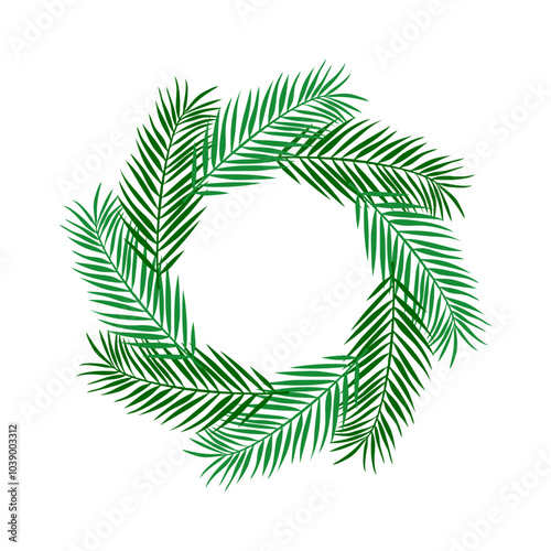 Navidad en Hawái. Decoración primaveral. Logo con corona navideña con siluetas de hojas de palma