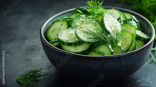  Cucumber salad with fresh dill and seasoning in a dark bowl.