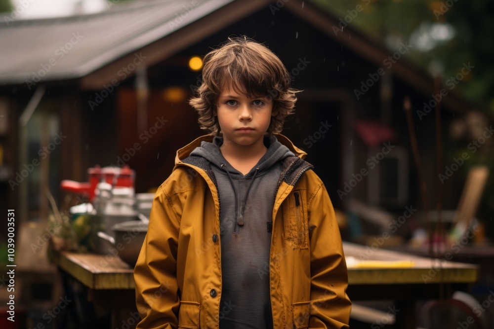 Portrait of a young boy in a yellow raincoat, standing in front of a wooden house Portrait of a young boy in a yellow raincoat, standing in front of a wooden house