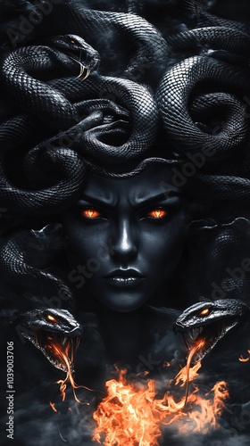 medusa, black female, fantasy character portrait, her hair are snakes, concept art,