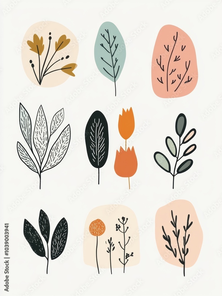 A collection of minimalist doodles features different leaves and flowers, highlighting nature's beauty in a playful, artistic arrangement. Generative AI A collection of minimalist doodles features different leaves and flowers, highlighting nature's beauty in a playful, artistic arrangement. Generative AI