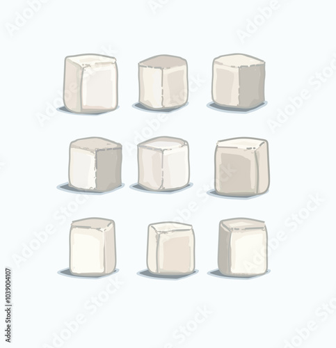 Set of nine white sugar cubes dice illustration on white background