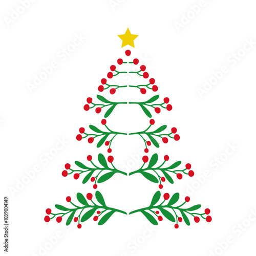Tiempo de Navidad. Logo con hojas y bayas de muérdago con forma de árbol de navidad con estrella para tarjetas y felicitaciones