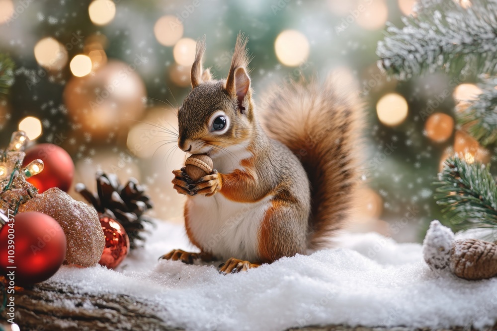 Squirrel holding acorn on tree stump