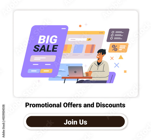 Big sale online shopping concept man working on laptop colorful interface elements discount icons website design photo