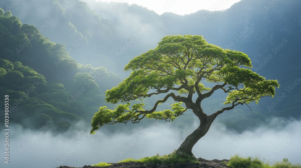 A solitary tree stands tall against a misty mountainous backdrop, evoking a sense of peace, solitude, and natural beauty in the wilderness, Generative Ai A solitary tree stands tall against a misty mountainous backdrop, evoking a sense of peace, solitude, and natural beauty in the wilderness, Generative Ai