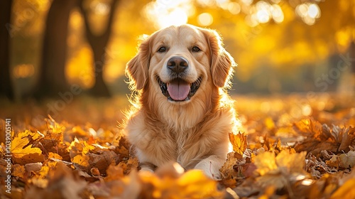 Golden retriever in autumn park