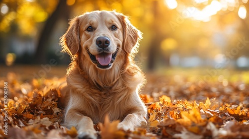 Golden retriever in autumn park