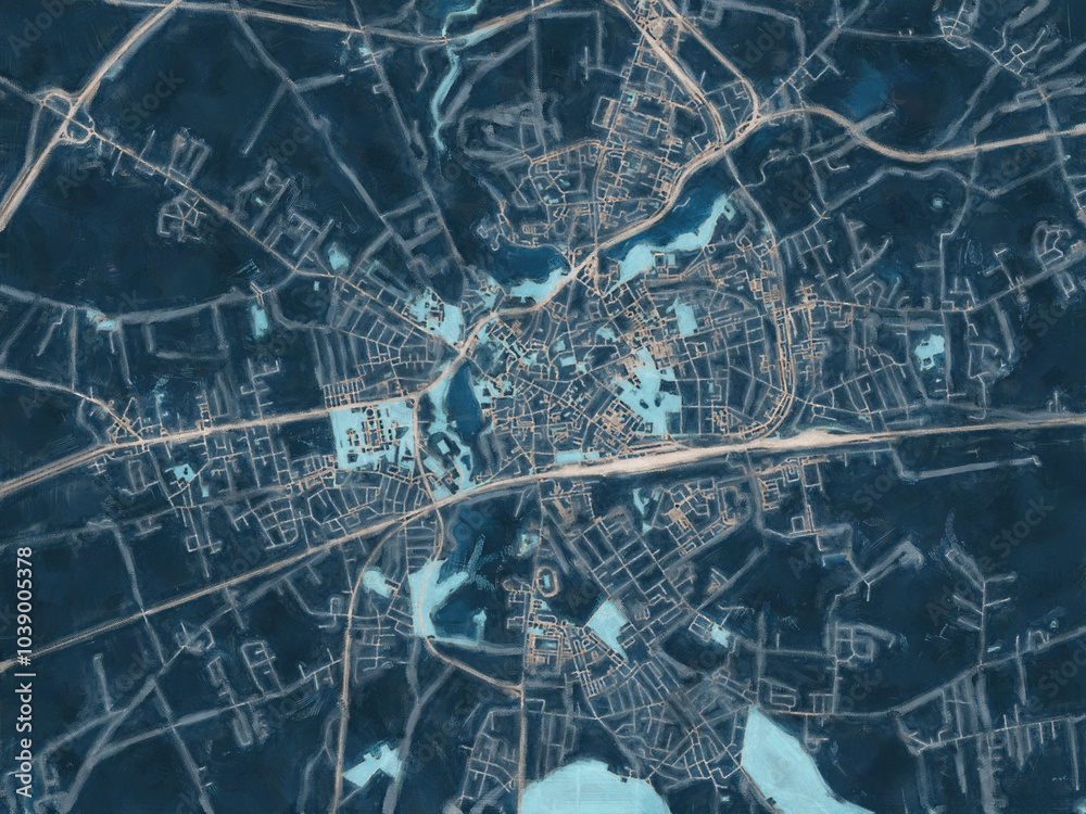 Fototapeta premium Painterly Style City Map of Gniezno, Poland in a Blue Color Scheme.