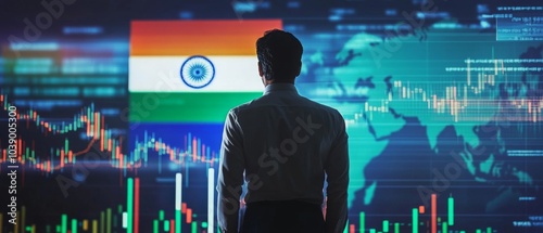 A businessman standing in front of a digital trading platform, economic growth, stock exchange with market chart, india economy and finance . investment trends global challenges.	
