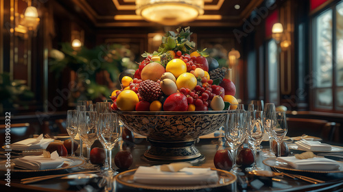 large decorative fruit bowl, filled with various colorful fruits, sits on a table with champagne flutes and fine china photo