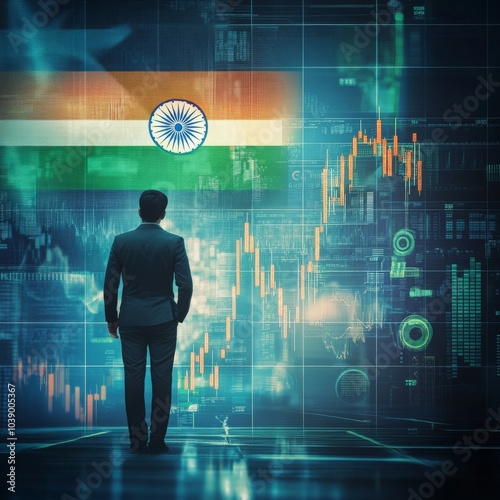 A businessman standing in front of a digital trading platform, economic growth, stock exchange with market chart, india economy and finance . investment trends global challenges.	
