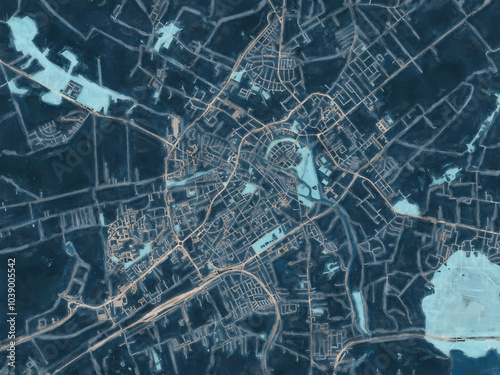 Painterly Style City Map of Kalisz, Poland in a Blue Color Scheme. photo