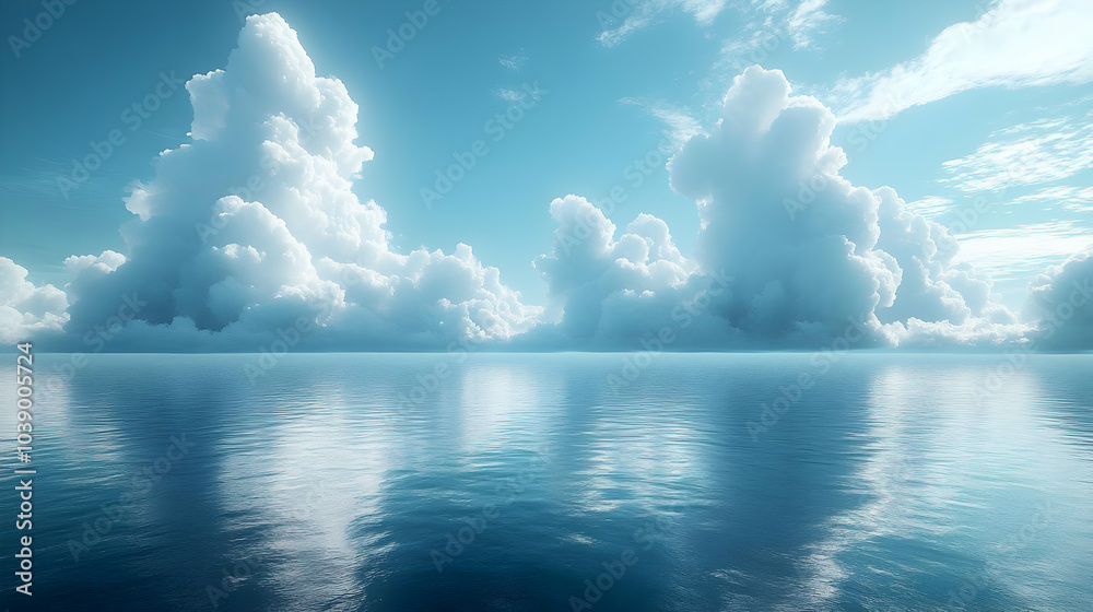 Stunning View of White Fluffy Clouds Over a Blue Ocean - Realistic Image Stunning View of White Fluffy Clouds Over a Blue Ocean - Realistic Image