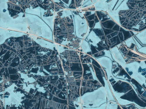 Painterly Style City Map of Myslowice, Poland in a Blue Color Scheme. photo