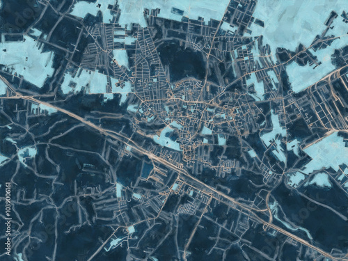 Painterly Style City Map of Ostrowiec Swietokrzyski, Poland in a Blue Color Scheme. photo