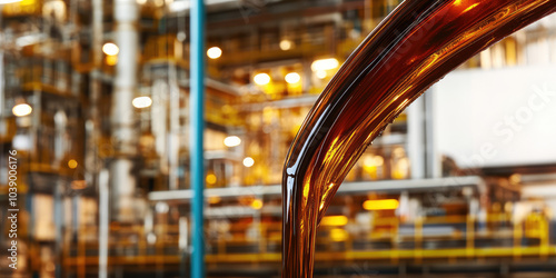 Close-up of unrefined crude oil, thick, black liquid, against the background of the production facility of an oil refinery