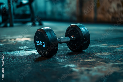 25 kg black dumbbell resting on a gym floor, with a gritty, industrial background. The lighting emphasizes the heavy equipment, creating a strong atmosphere of strength and endurance