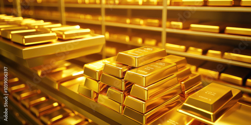 Golden bullion bars stacked in a bank safe, background with shelves of gold blocks, precious metals vault photo