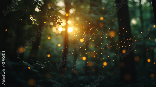 Magical forest with glowing light particles at sunset 