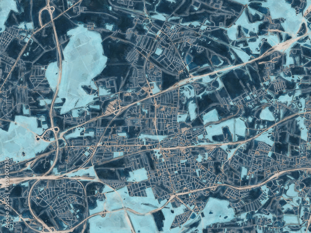 Fototapeta premium Painterly Style City Map of Zabrze, Poland in a Blue Color Scheme.