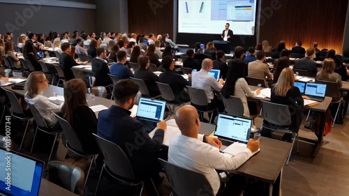 business training seminar education lecture staff meeting or workshop motion, abstract people group siting in auditorium learning listening to presentation