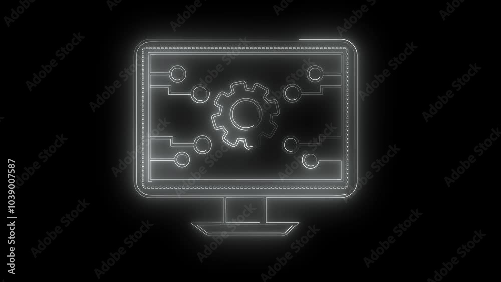 Glowing neon line Pc monitor neon animation. Integrated circuits animated icon glow effect .Moving signals, rolling gear. Glowing neon line Pc monitor neon animation. Integrated circuits animated icon glow effect .Moving signals, rolling gear.