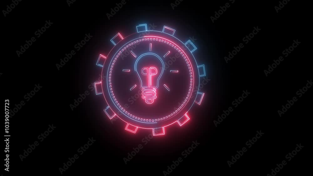 blue color Neon line setting icon with gear shining light bulb icon. The innovation and idea on a black background. blue color Neon line setting icon with gear shining light bulb icon. The innovation and idea on a black background.