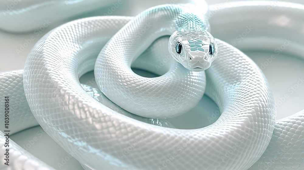 Fototapeta premium white metal 3D snakes float on a isolated white background, cartoon，Cute, personified. 